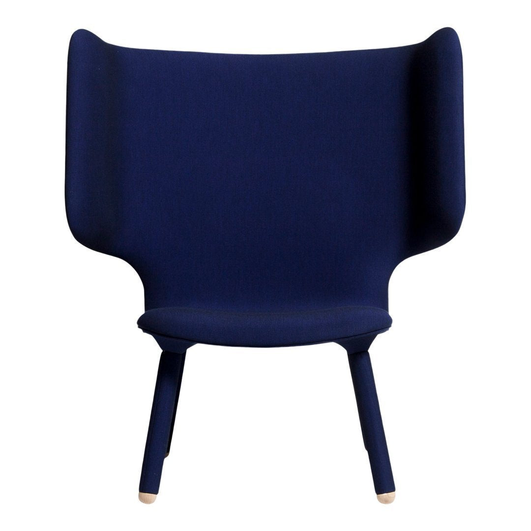 Navy blue upholstered chair with a sleek design and rounded edges, featuring wooden legs.
