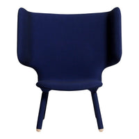 Navy blue upholstered chair with a sleek design and rounded edges, featuring wooden legs.