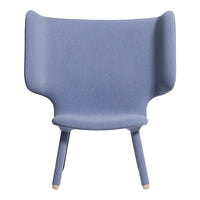 Light blue upholstered chair with smooth fabric and minimalist design, featuring a high back and wooden legs.