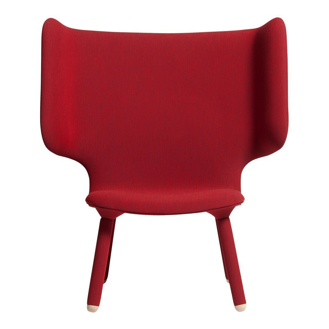 Red upholstered chair with a unique winged design and wooden legs. Ideal for modern decor and stylish comfort.