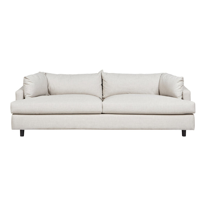 Cream-colored upholstered sofa with a smooth, minimalist design and plush, soft cushions. Perfect for modern interiors.
