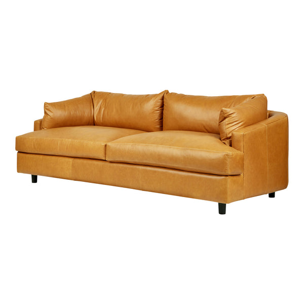 Stylish tan leather couch with a smooth, minimalist design and plush cushions, perfect for modern decor.