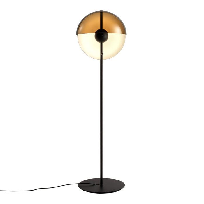 Modern floor lamp with a stylish two-tone round shade in amber and white, complemented by a sleek black base.