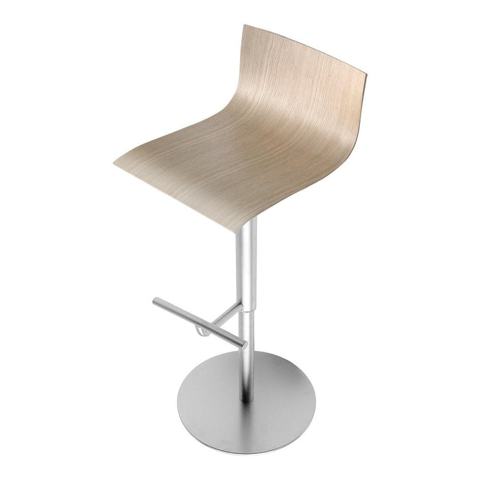 Light wood bar stool with a smooth, curved seat and a sleek, silver metal base. Perfect for modern decor.