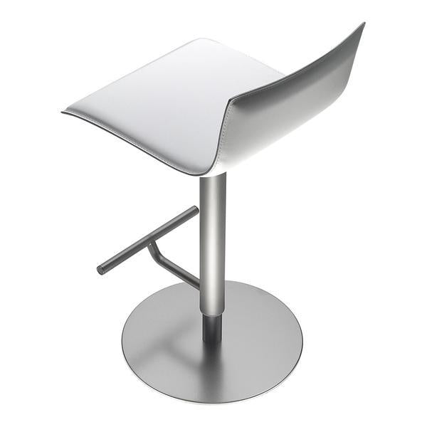 Sleek silver bar stool with a minimalist design and smooth, curved white seat for a modern look.