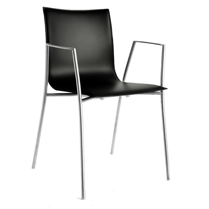 Modern black chair with sleek chrome legs, featuring a minimalist design and smooth surface. Perfect for contemporary decor.