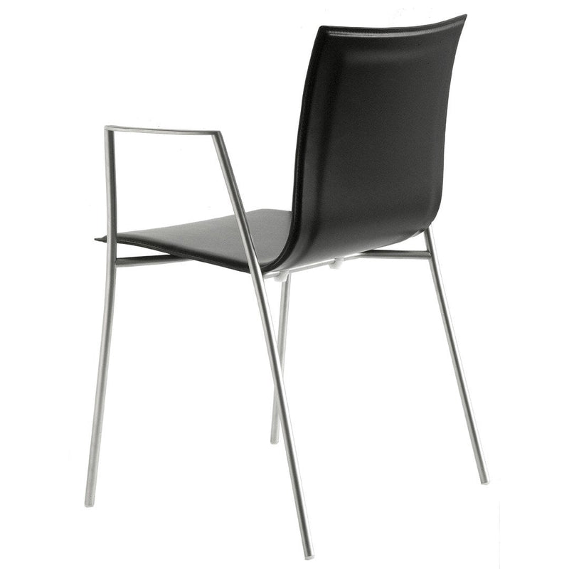 Black chair with a sleek design and silver metal legs. Modern style with a smooth, minimalist look.