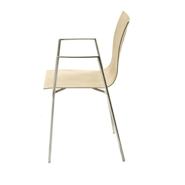 Light beige chair with a sleek, minimalist design and a silver, modern metal frame.