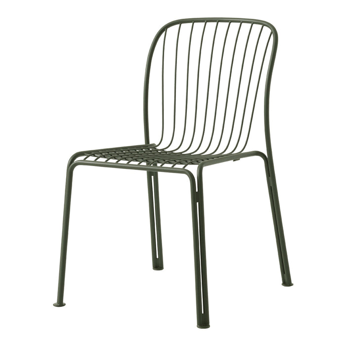 "Minimalist green metal chair with sleek vertical stripes and a modern design for indoor or outdoor use."