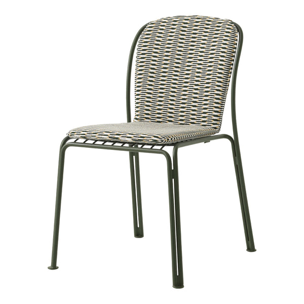 Stylish chair with a woven pattern in earthy tones and a sleek black frame. Perfect for modern decor.