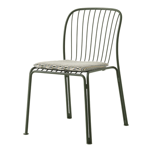 Stylish green metal chair with a striped woven seat in neutral tones, perfect for modern decor.