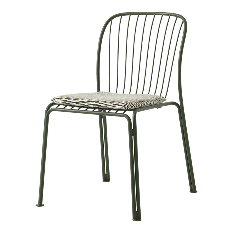 Stylish green metal chair with a striped woven seat in neutral tones, perfect for modern decor.