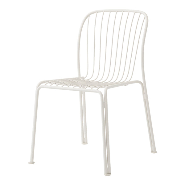 White metal chair with sleek, slender lines and an open, minimalist design perfect for modern decor.