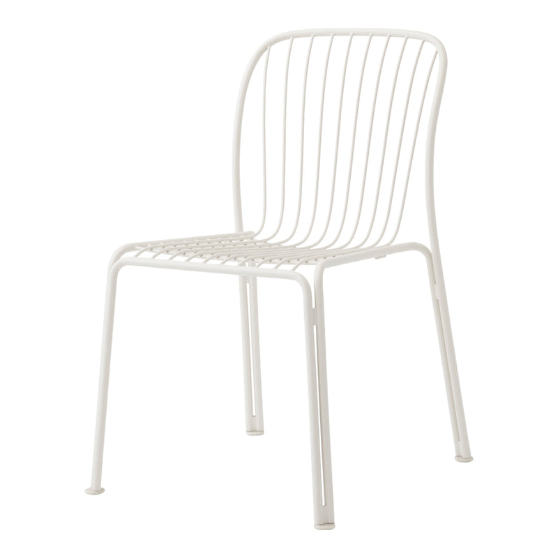 White metal chair with sleek, slender lines and an open, minimalist design perfect for modern decor.