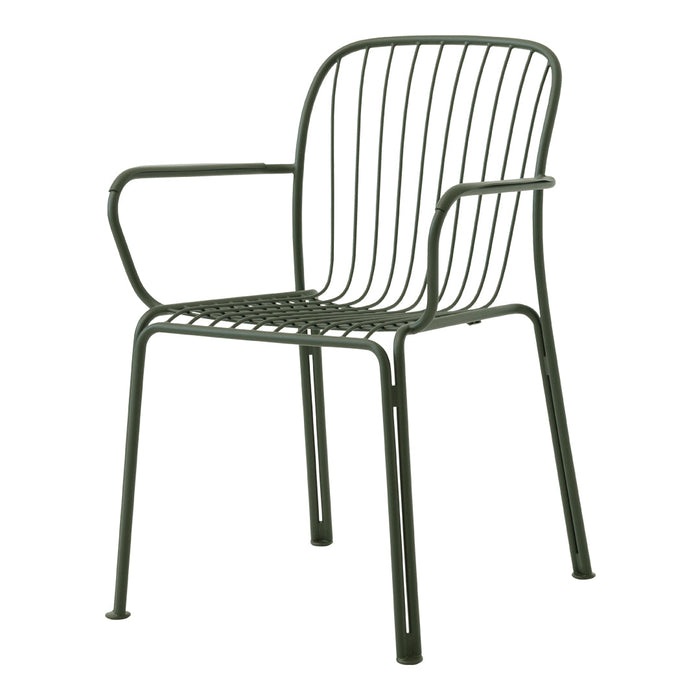 Green metal chair with a minimalistic wire design and open backrest, perfect for modern spaces.