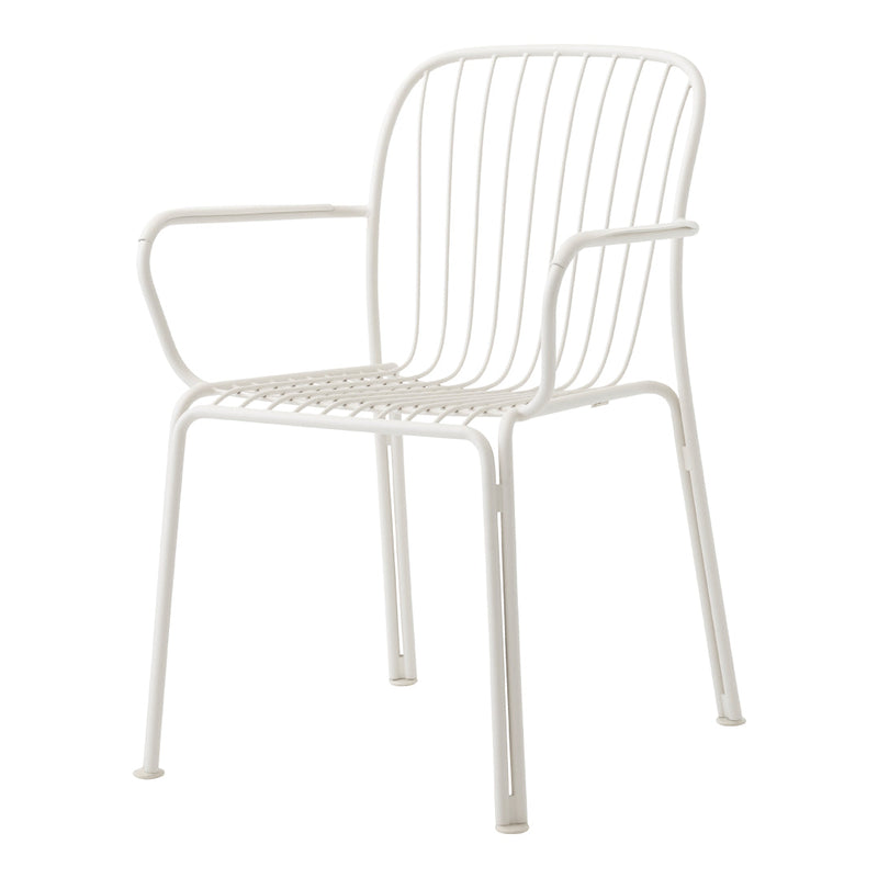 White wire chair with a minimalist design and sleek, open slat pattern, perfect for modern decor.