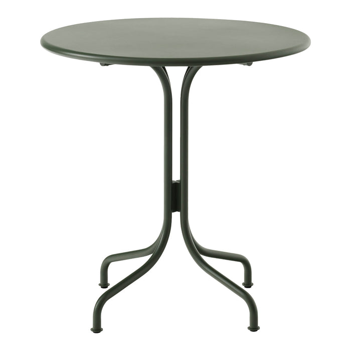 Round green table with a smooth finish and a minimalistic design, featuring a sleek metal base. Perfect for outdoor use.