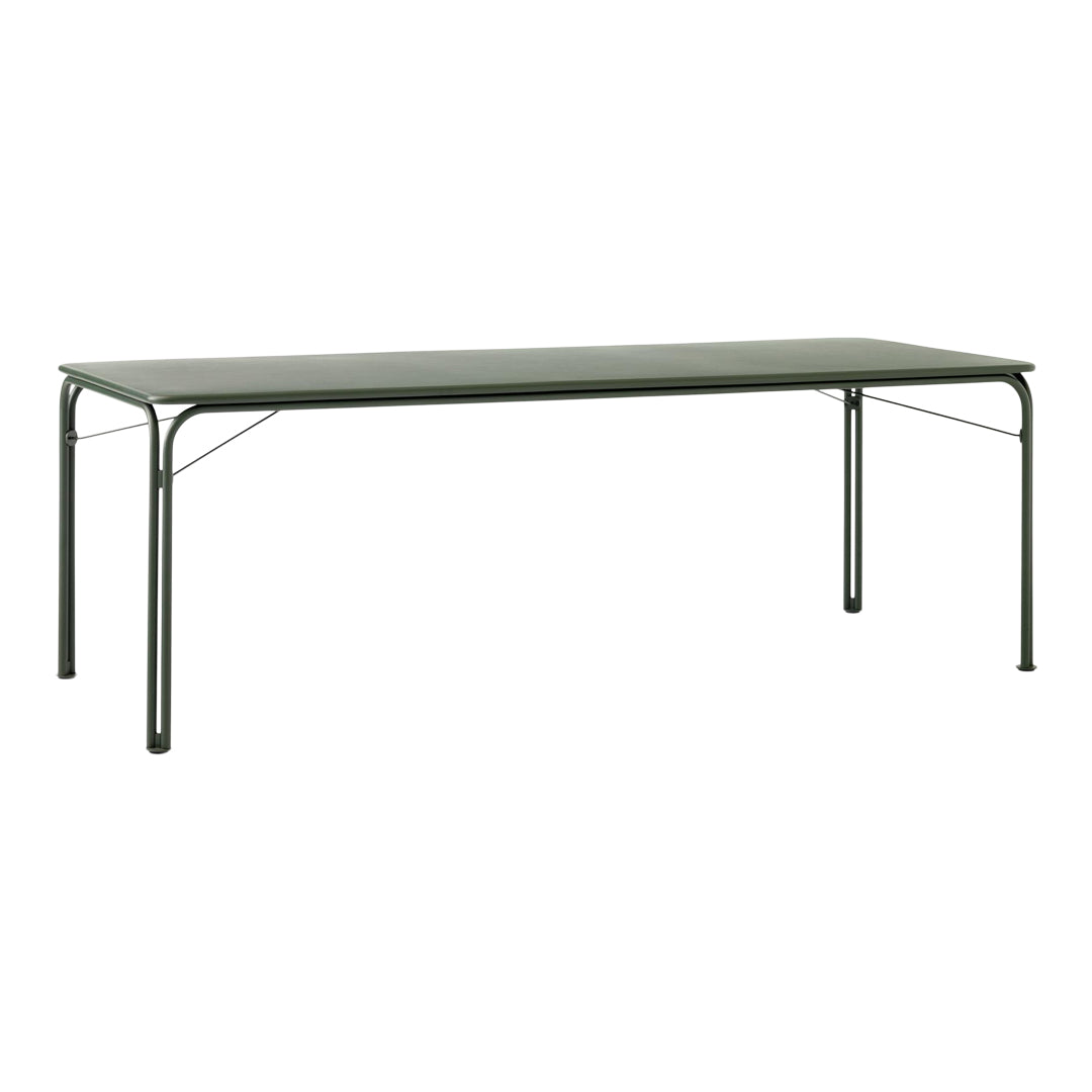 Rectangular green table with a sleek, modern design and sturdy metal frame, ideal for indoor or outdoor use.