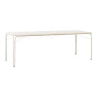 Modern rectangular table in a sleek white finish with a minimalist design and sturdy metal legs. Ideal for any space.