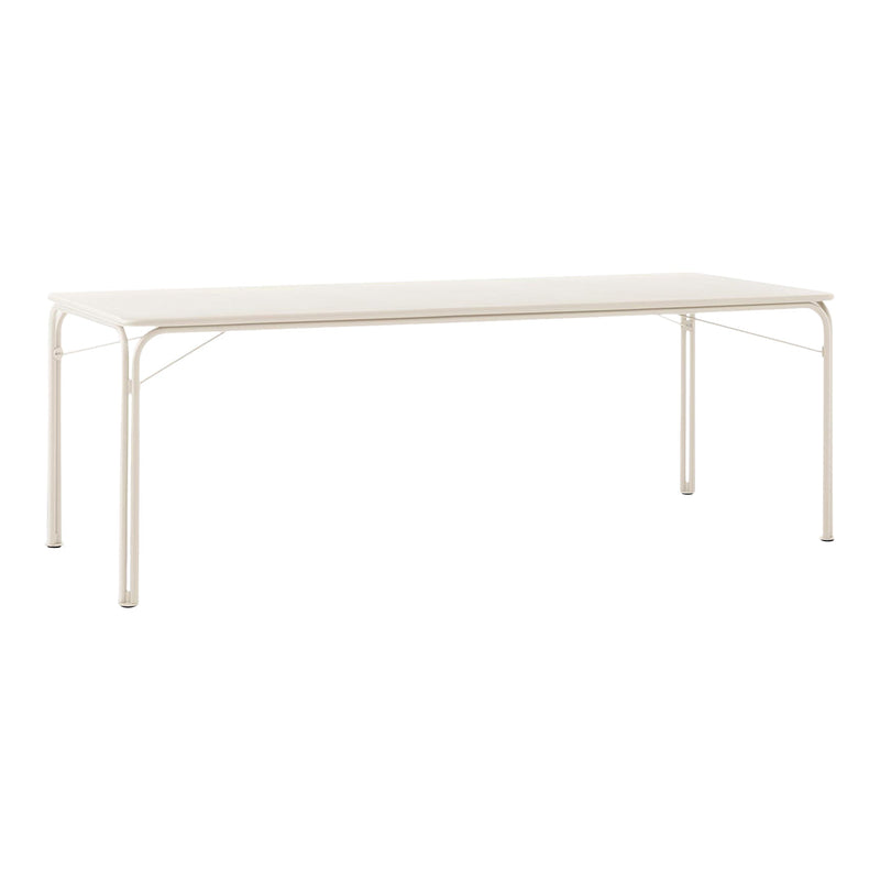 Modern rectangular table in a sleek white finish with a minimalist design and sturdy metal legs. Ideal for any space.