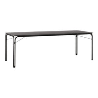 Black rectangular table with a minimalist design and sturdy metal legs. Ideal for modern spaces and versatile arrangements.
