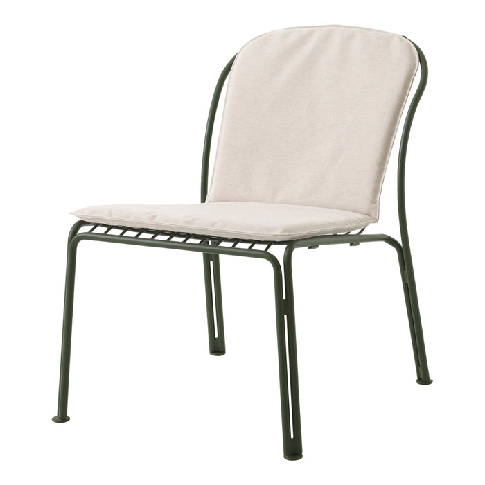 Neutral beige cushion on a sleek dark green metal frame, perfect for modern outdoor seating.