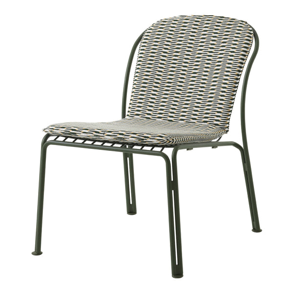 Gray and white patterned outdoor chair with a sleek green frame, perfect for modern patio decor.