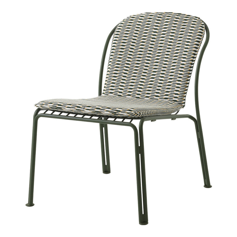 Gray and white patterned outdoor chair with a sleek green frame, perfect for modern patio decor.