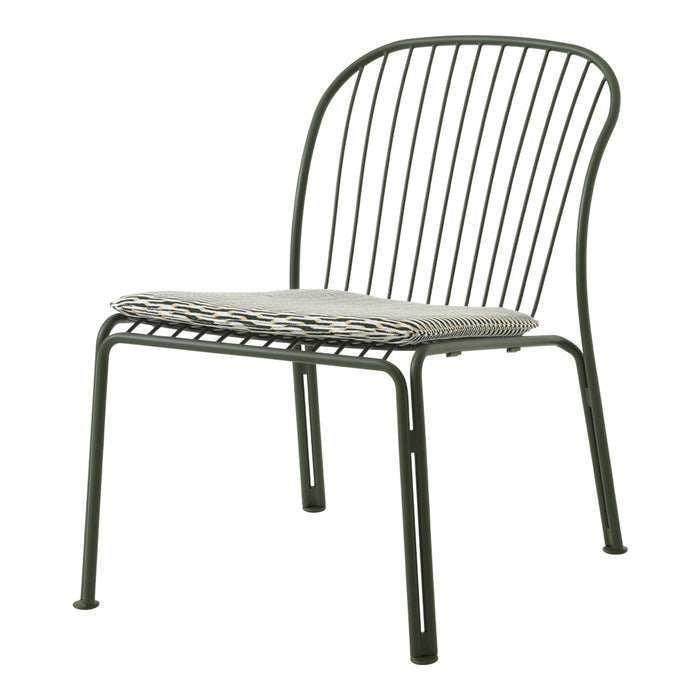 Green metal chair with a striped gray and beige cushion, featuring modern lines and open wire design.