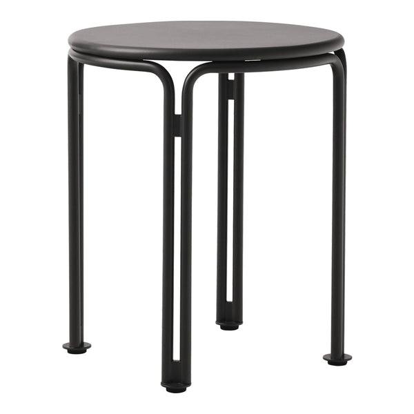 Black round side table with modern, minimalist design and sleek matte finish. Perfect for any contemporary decor.