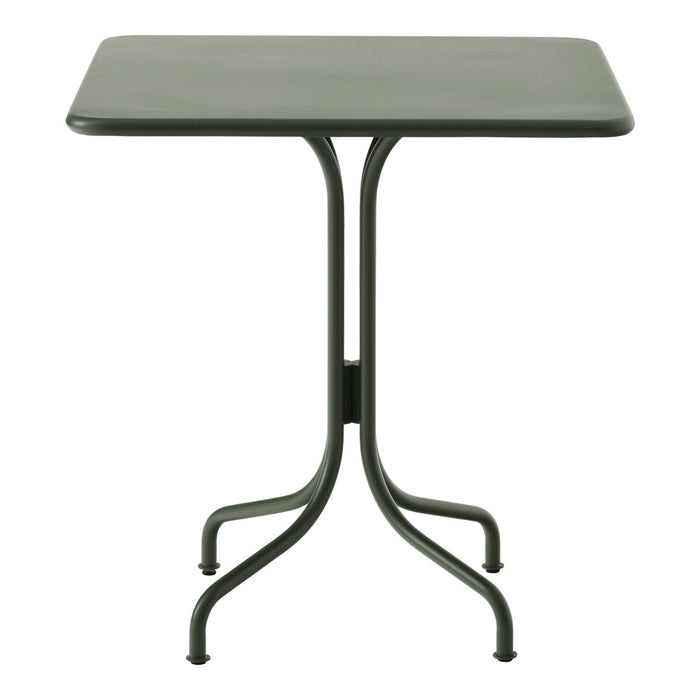 Green square table with a sleek surface and curved metal legs, perfect for modern outdoor settings.
