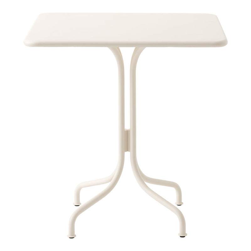 Neutral white square table with a minimalist design and smooth surface, featuring sleek, curved metal legs.