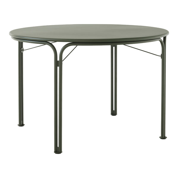 Round table in a muted olive green finish, featuring a smooth surface and minimalist metal legs.