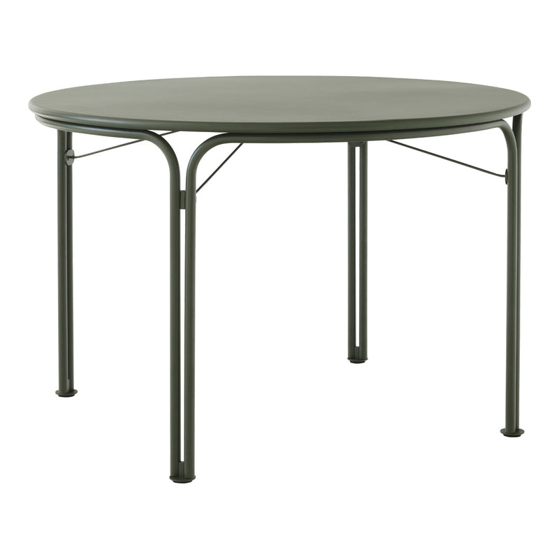 Round table in a muted olive green finish, featuring a smooth surface and minimalist metal legs.