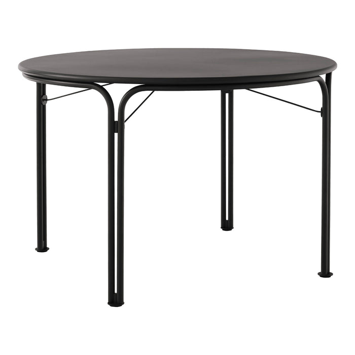 Black round table with a smooth top and minimalist black metal legs, perfect for modern decor.