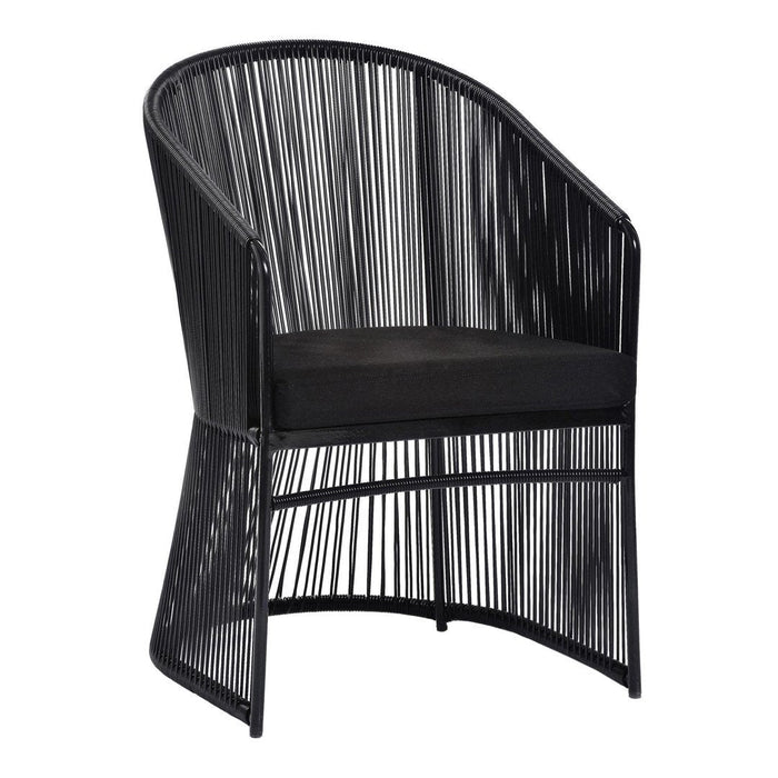 Black woven chair with a curved design and solid black cushion for stylish, contemporary decor.