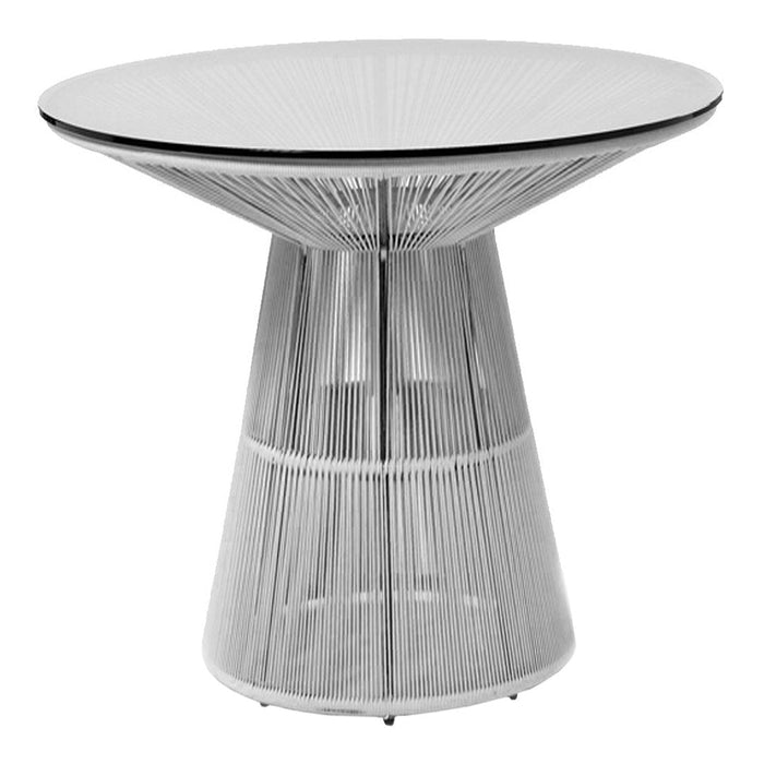 Round white dining table with sleek metal strands and a contrasting black glass top. Modern and minimalist design.