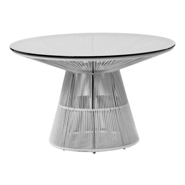 Round white dining table with a unique wire design and glass top, featuring sleek, modern lines and a minimalist aesthetic.
