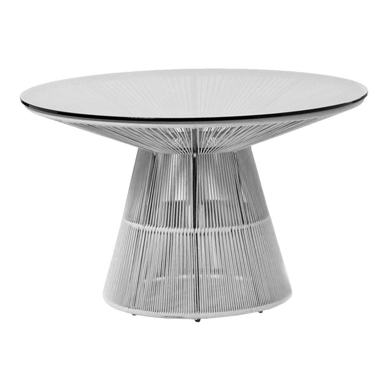 Round white dining table with a unique wire design and glass top, featuring sleek, modern lines and a minimalist aesthetic.