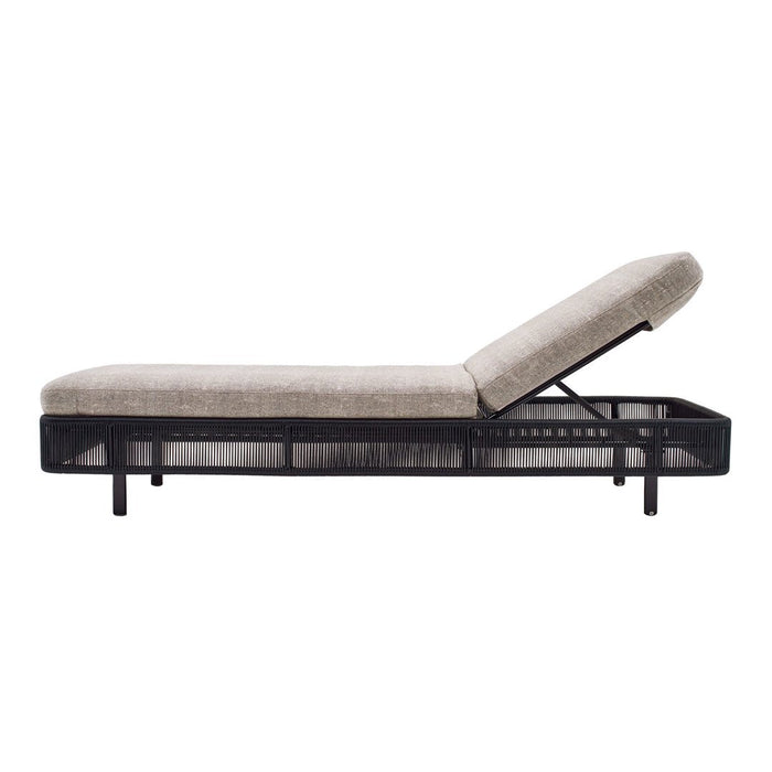 Gray fabric chaise lounge with a sleek black frame, featuring clean lines and minimalist design. Perfect for modern spaces.