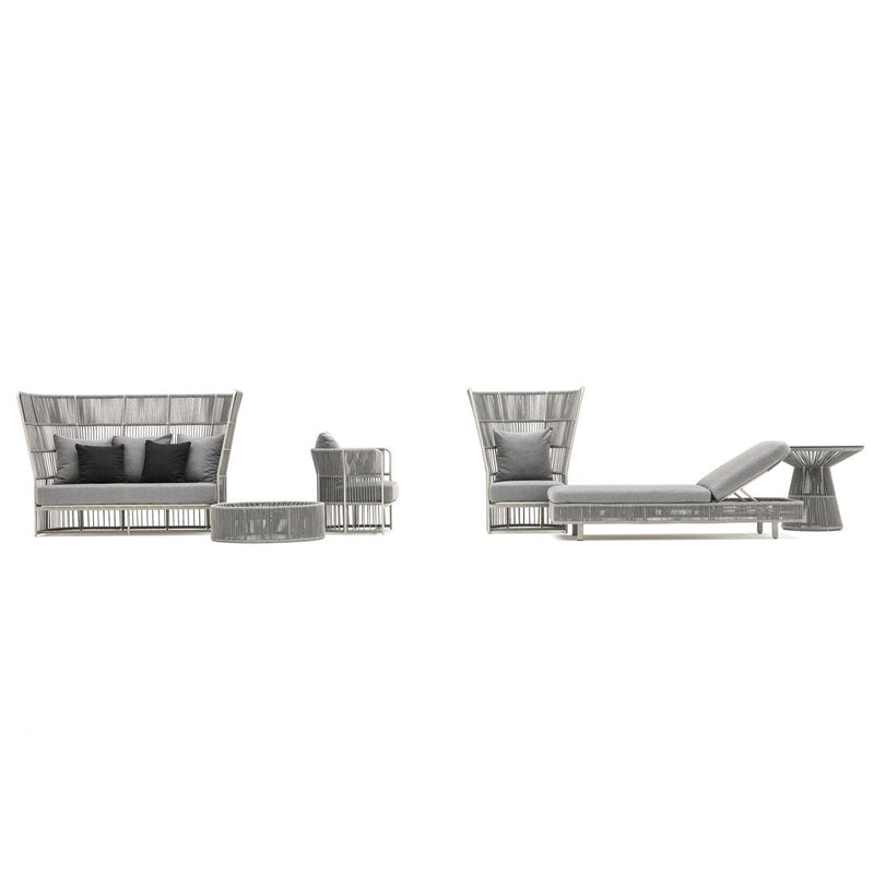 Gray woven outdoor furniture set with sleek lines and textured cushions, perfect for stylish outdoor spaces.