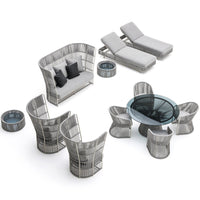 Gray wicker outdoor furniture set with sleek, modern lines and soft gray cushions, featuring a glass-top table and accent pieces.