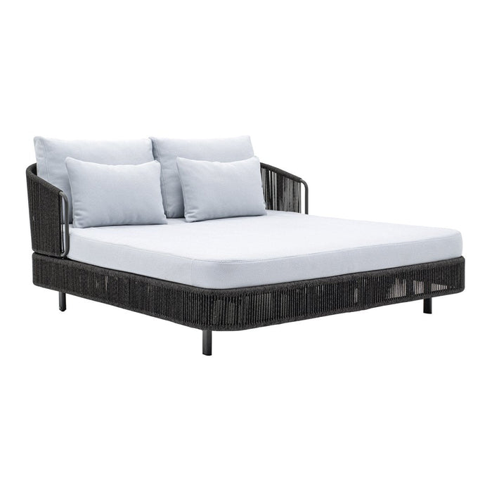 Black wicker outdoor sofa with light gray cushions and a smooth, minimalist design. Perfect for modern patios.