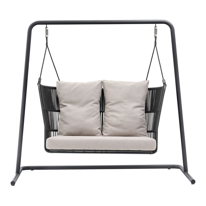 Black metal swing chair with light gray cushions, featuring a sleek, modern design and striped back pattern.
