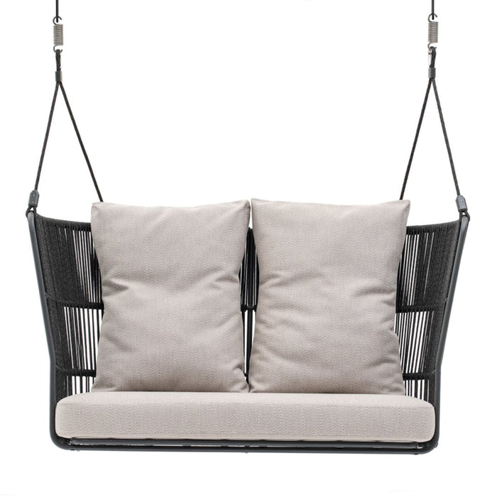 Black swinging sofa with beige cushions, featuring a modern geometric pattern for stylish outdoor decor.