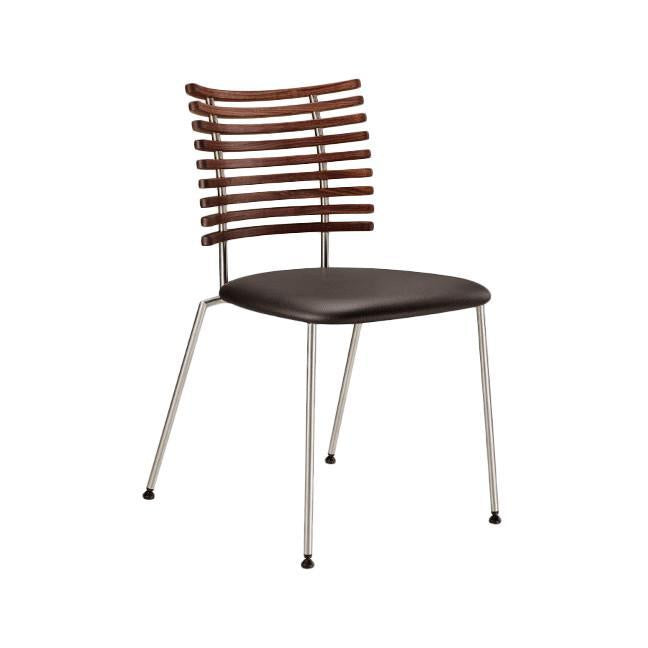 Brown wooden slats form the chair back, complemented by a black cushioned seat and sleek silver legs. Modern design.