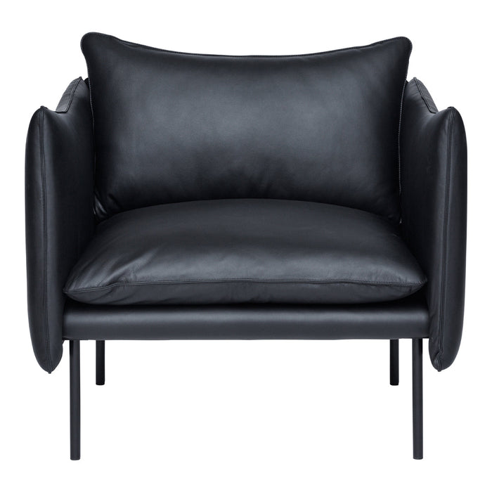 Black leather armchair with plush cushions and sleek metal legs, offering a modern, minimalist aesthetic.