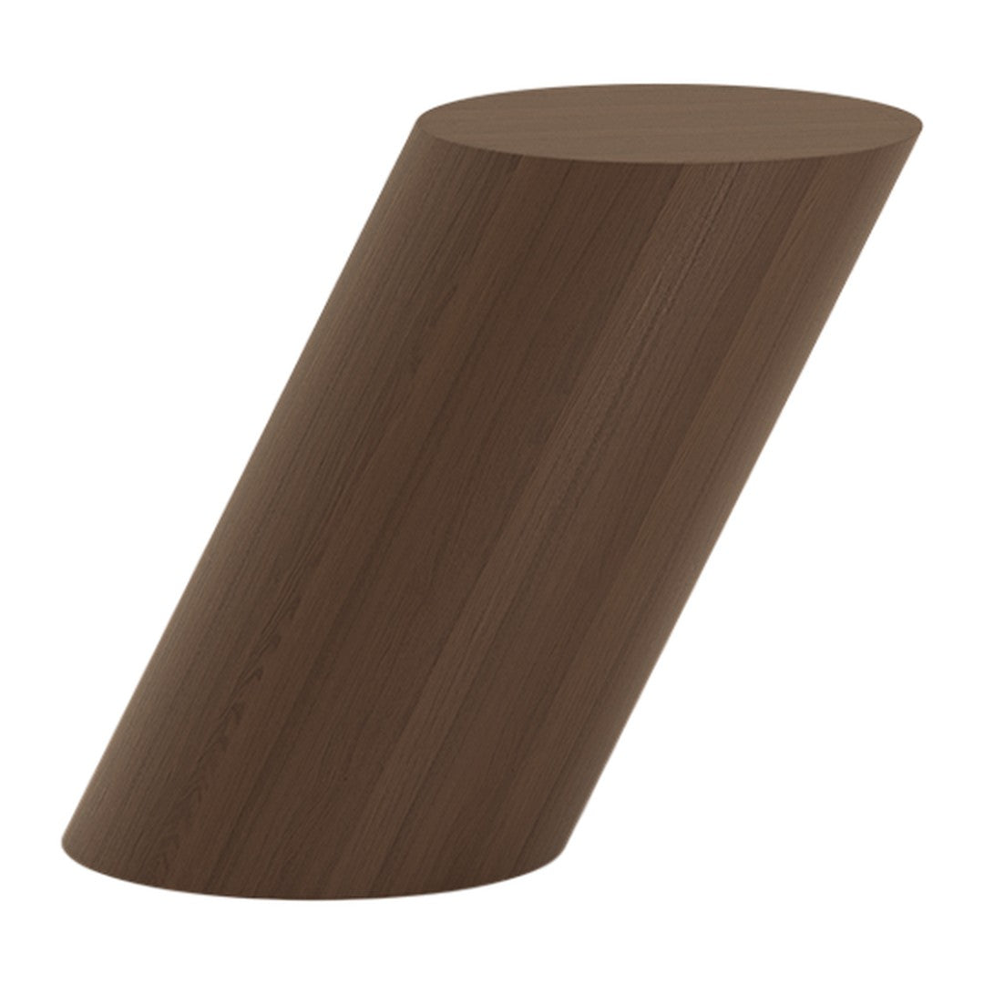 Brown wood grain cylinder with a sleek, modern angled design. Ideal for contemporary decor.