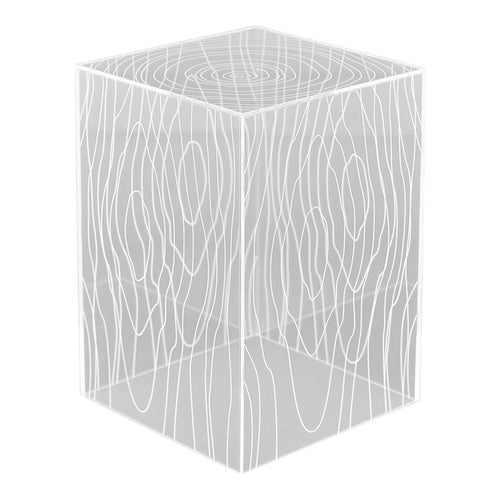 Clear acrylic side table with white wood grain pattern, featuring a modern minimalistic design.