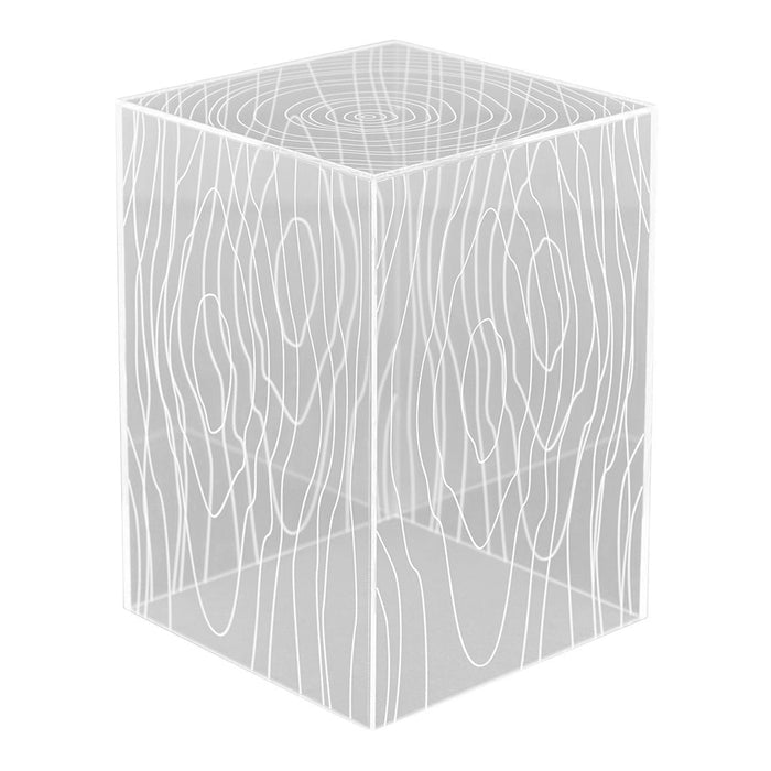 Clear acrylic side table with white wood grain pattern, featuring a modern minimalistic design.